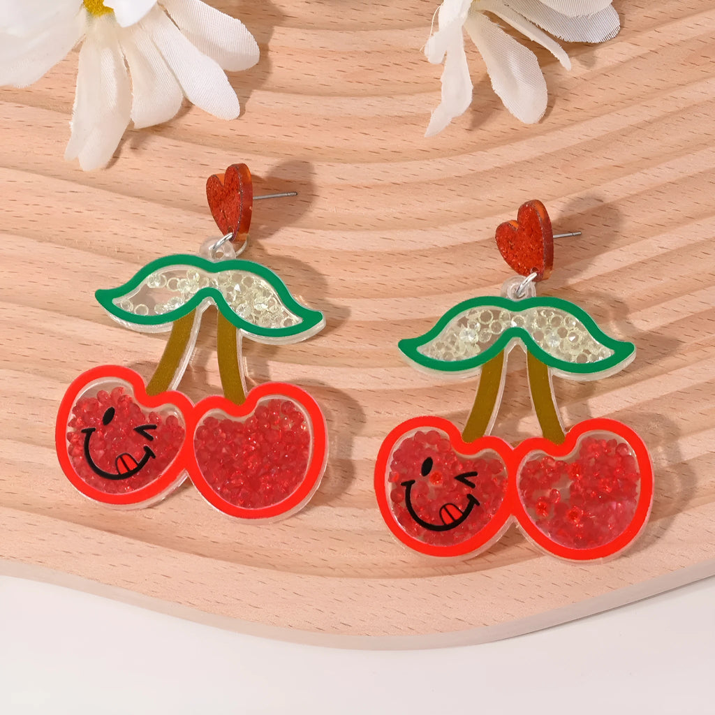 Acrylic drop earrings with fruit and dessert motifs including cherry, strawberry, watermelon, pineapple, coconut, cake, and ice cream, in pastoral style for women