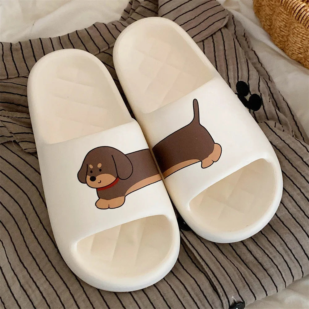 Couple household slippers in black brown with printed stitching dog motif, thickened EVA sole