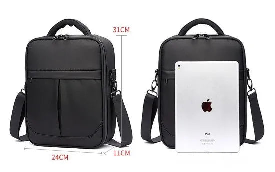 Black Oxford fabric men's messenger shoulder bag showing front and side profile.