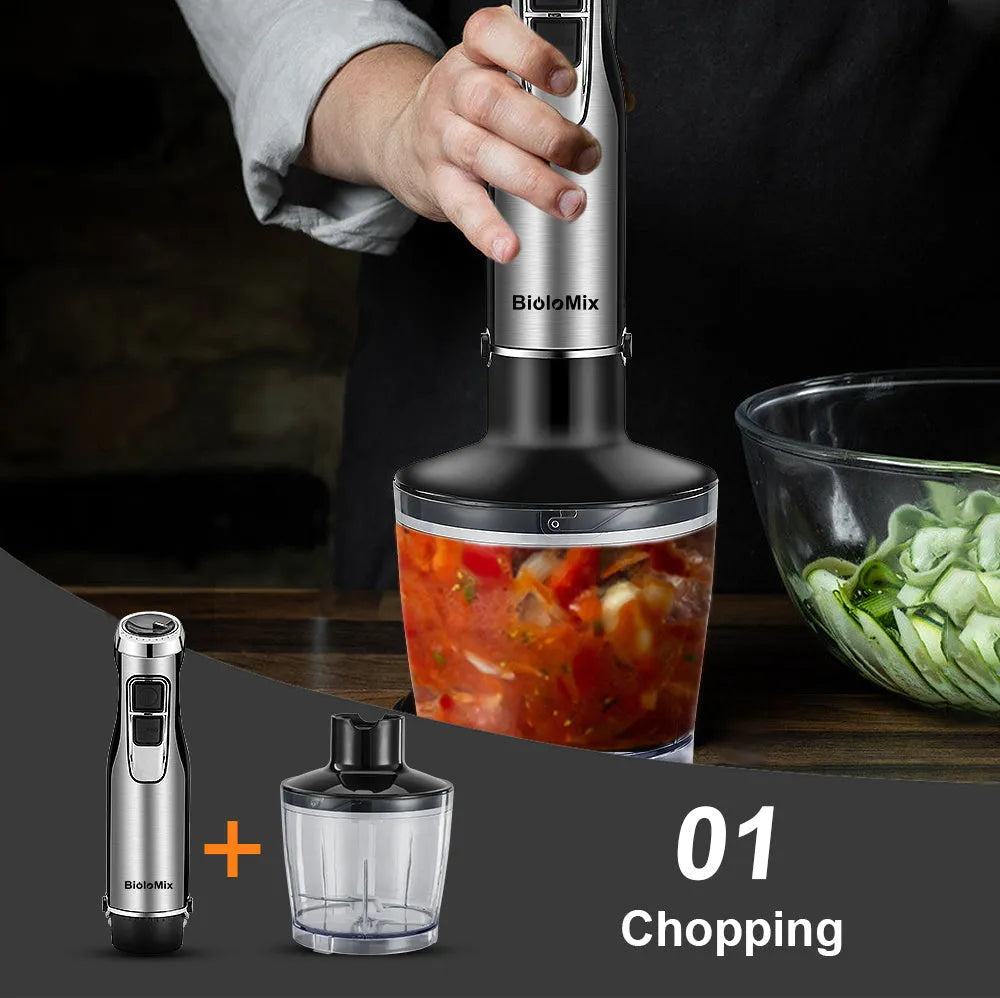 Biolomix stainless steel 4-in-1 hand blender with whisk, chopper bowl, and blending beaker on a black background