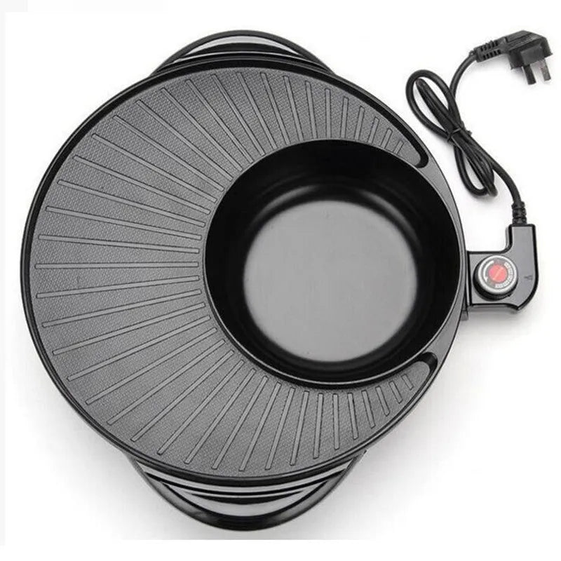 Black multifunctional electric hot pot and grill with 5L capacity, wave plate baking tray, and push-button controls on countertop