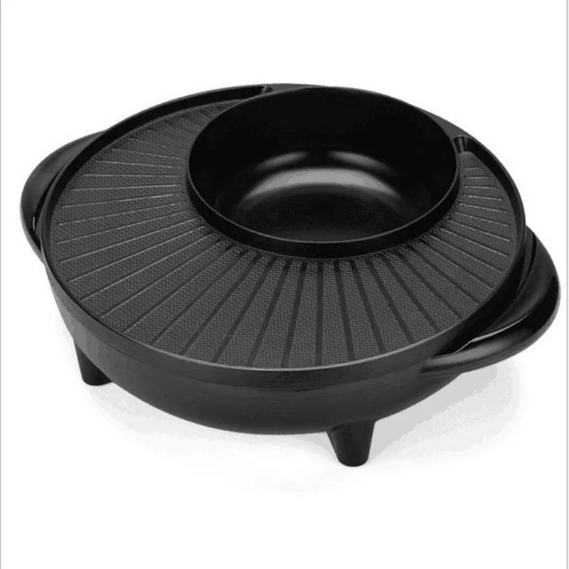 Black multifunctional electric hot pot and grill with 5L capacity, wave plate baking tray, and push-button controls on countertop