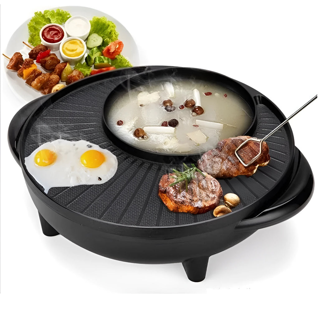 Black multifunctional electric hot pot and grill with 5L capacity, wave plate baking tray, and push-button controls on countertop