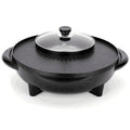 Black multifunctional electric hot pot and grill with 5L capacity, wave plate baking tray, and push-button controls on countertop