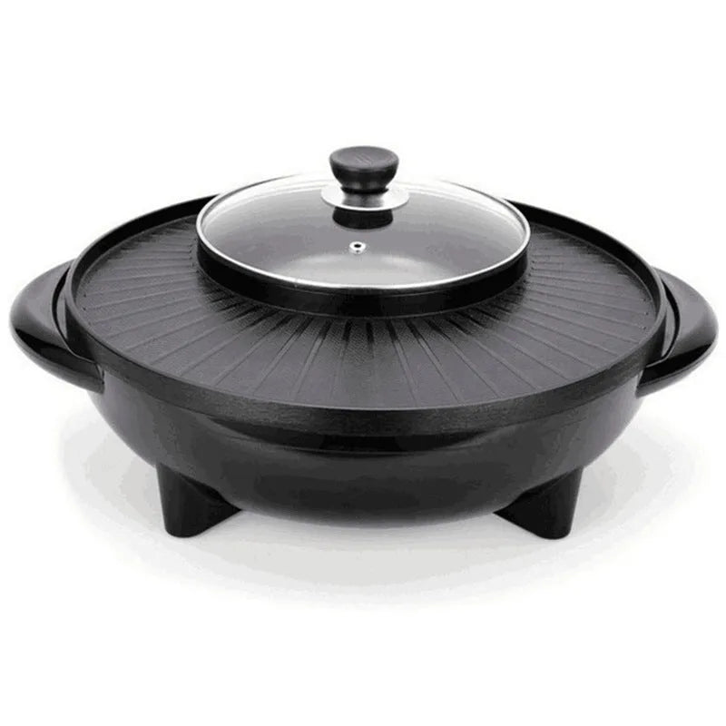 Black multifunctional electric hot pot and grill with 5L capacity, wave plate baking tray, and push-button controls on countertop