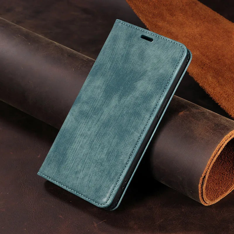 Magnetic flip phone case for iPhone in genuine leather and TPU, showing black, brown, and blue colour options.