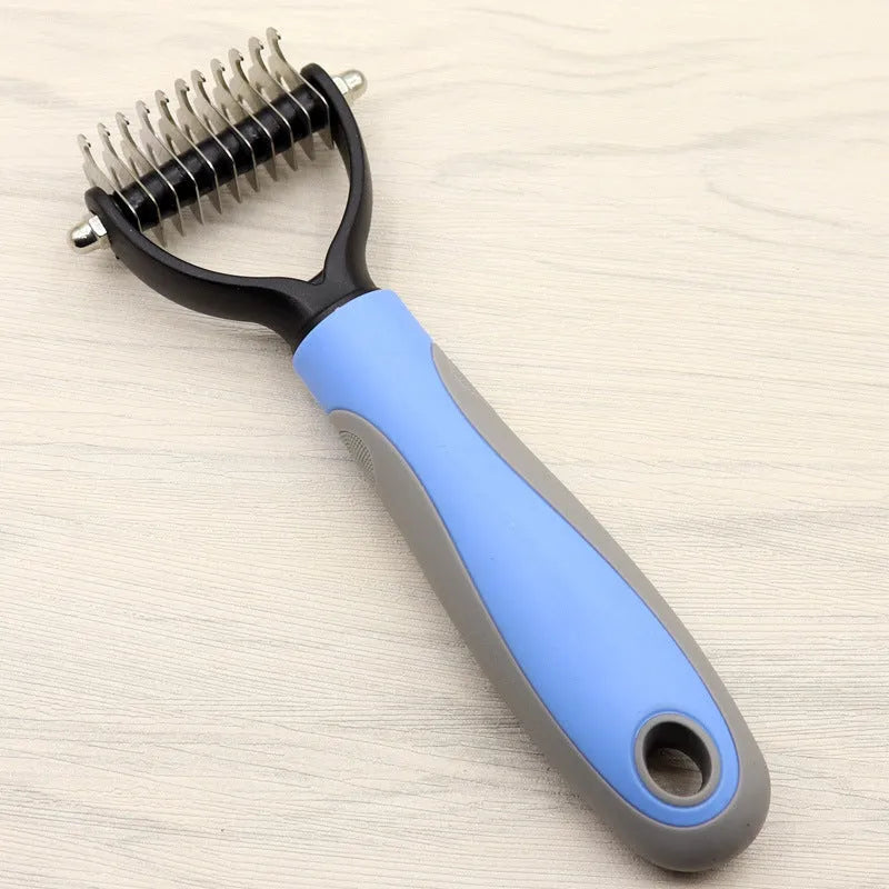 Pet long-haired dog knot comb with double-sided blade in blue colour, small size, with stainless steel needles and TPR handle