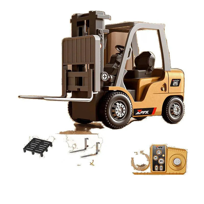 Miniature silver alloy remote control forklift model with black accents on a pallet.