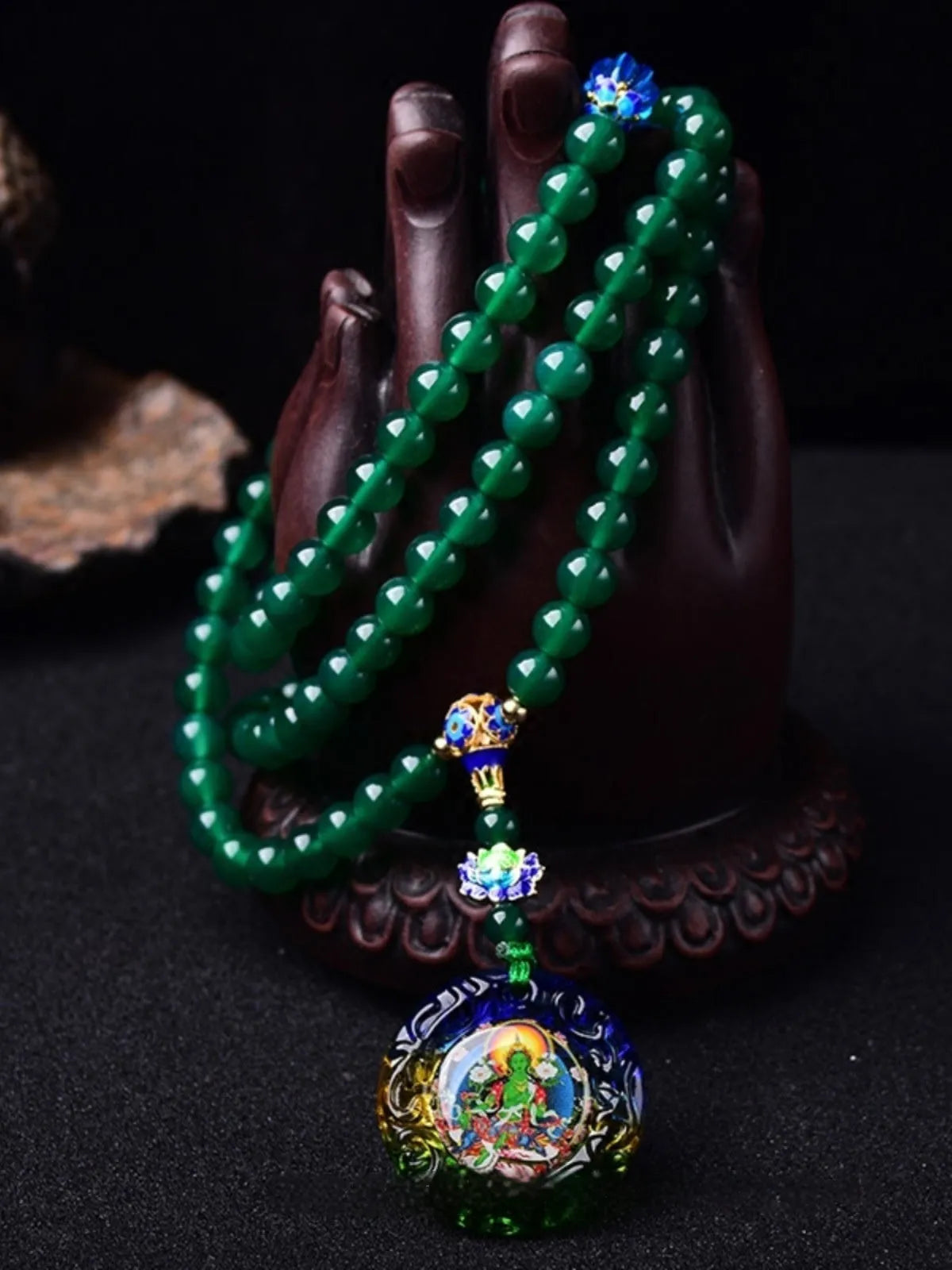 Natural green agate 108 Thangka pendant multi-circle bracelet on display