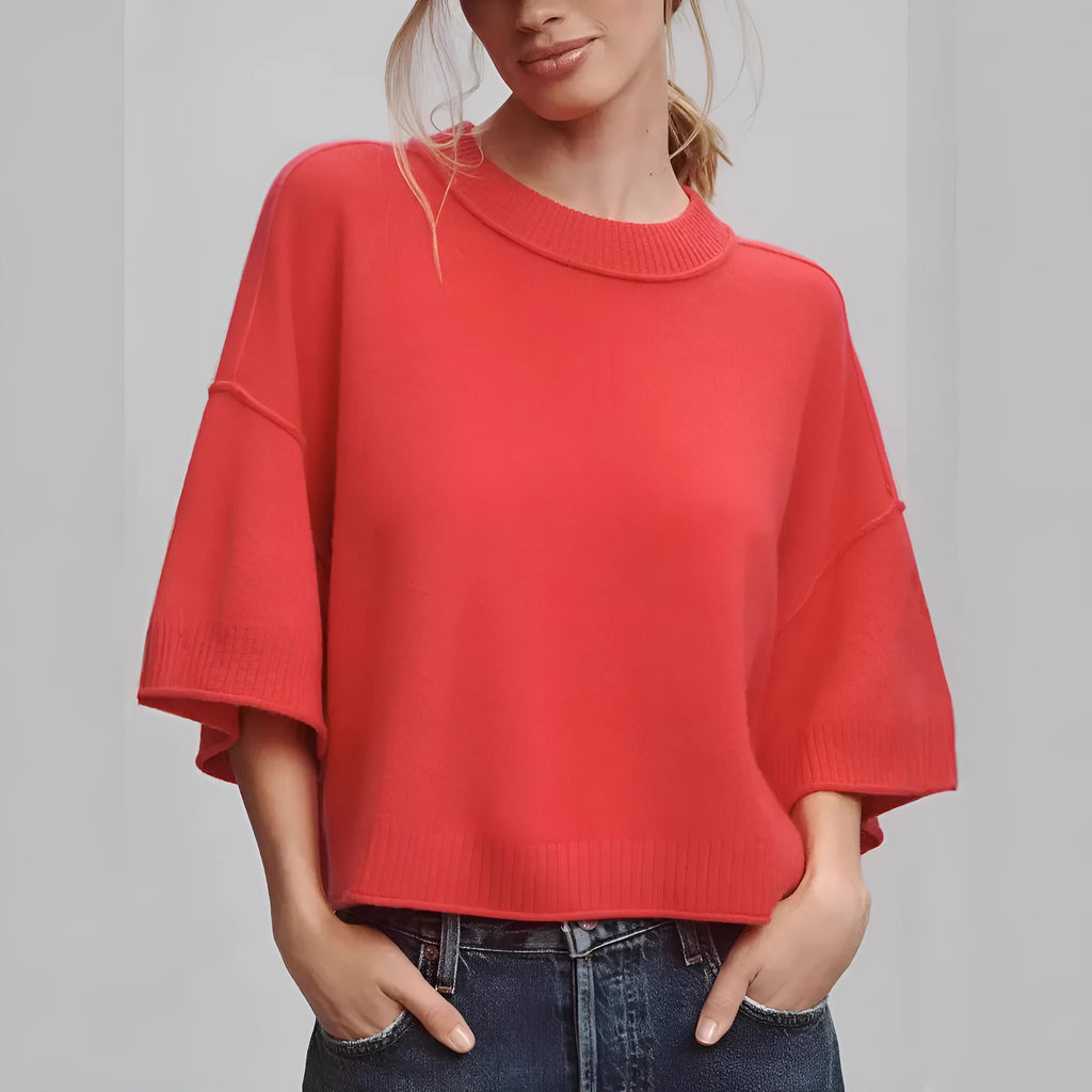Women's red crop t-shirt in viscose fabric with regular sleeves and exposed navel styling