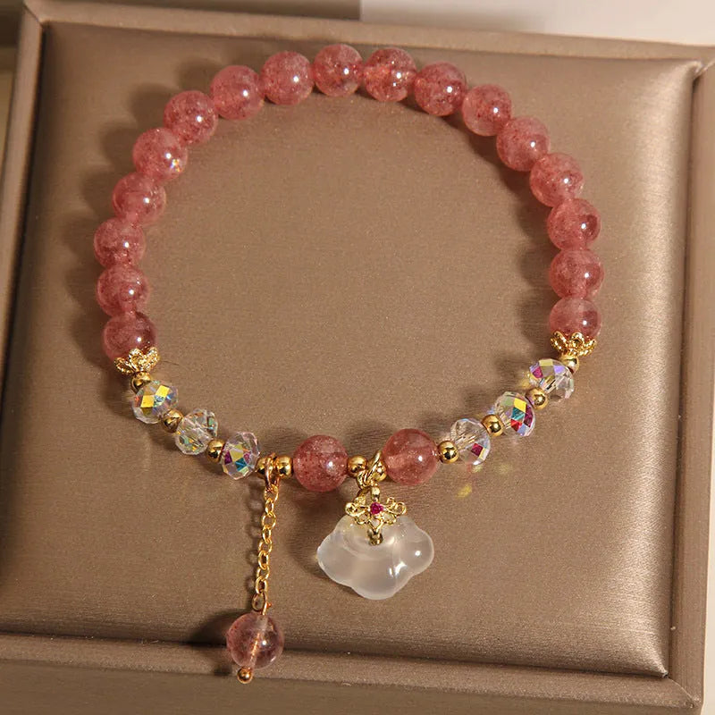 Women's natural strawberry quartz and white agate bracelet auspicious clouds design 40g