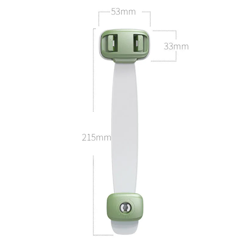 Gray child safety lock with adjustable strap attached to a cabinet handle, 53 x 112 x 16mm