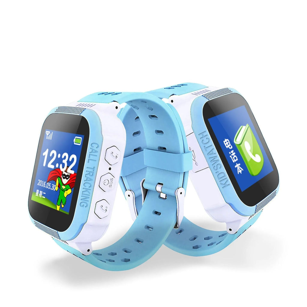 Blue and pink children's phone watch with 1.44 inch screen showing time display