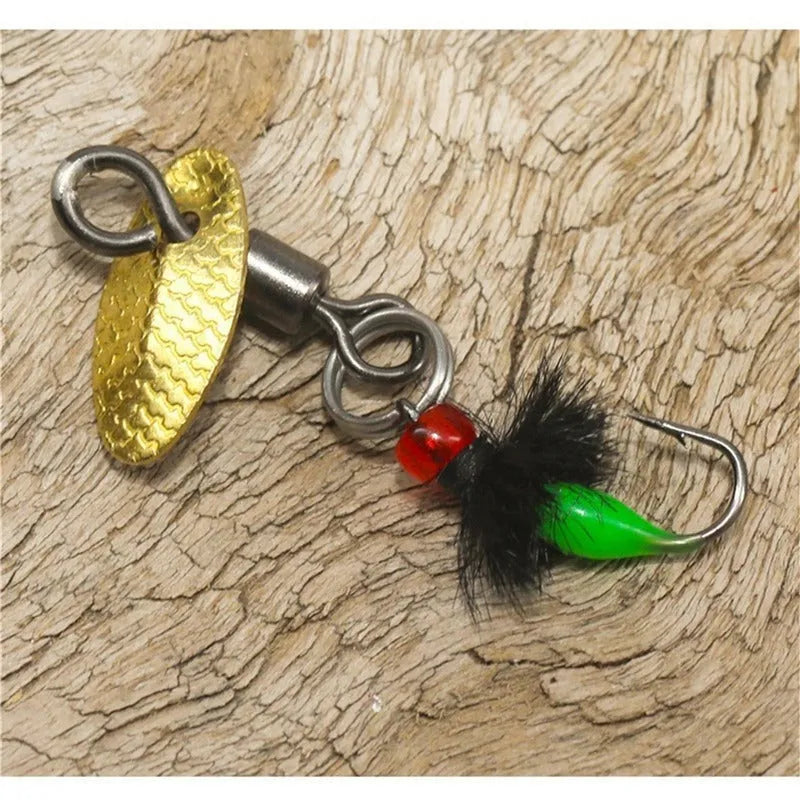 Bionic poisonous mosquito hook 5 pieces fishing set with multicolor spinning sequins and feather dressing