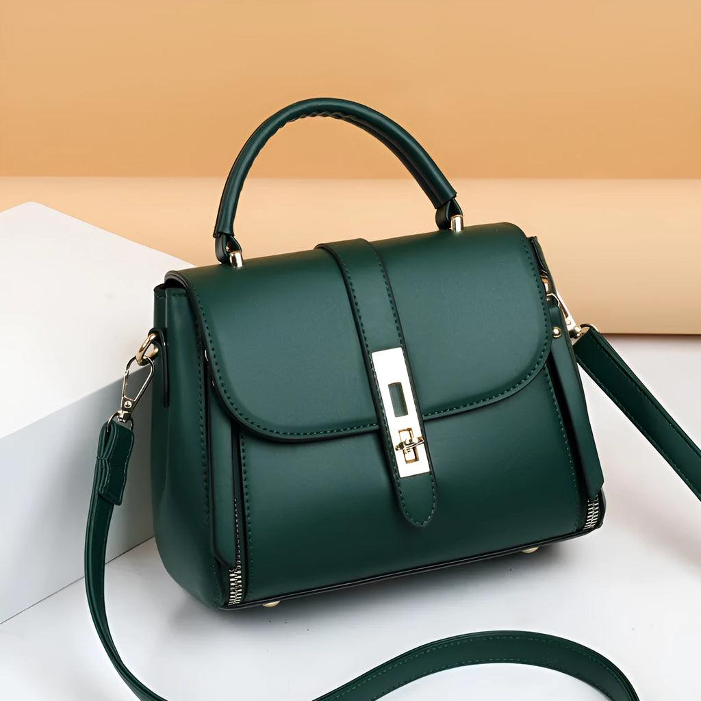 Women's soft PU leather messenger bag in square vertical design, shown in one of four colours: black, red, green, or blue.