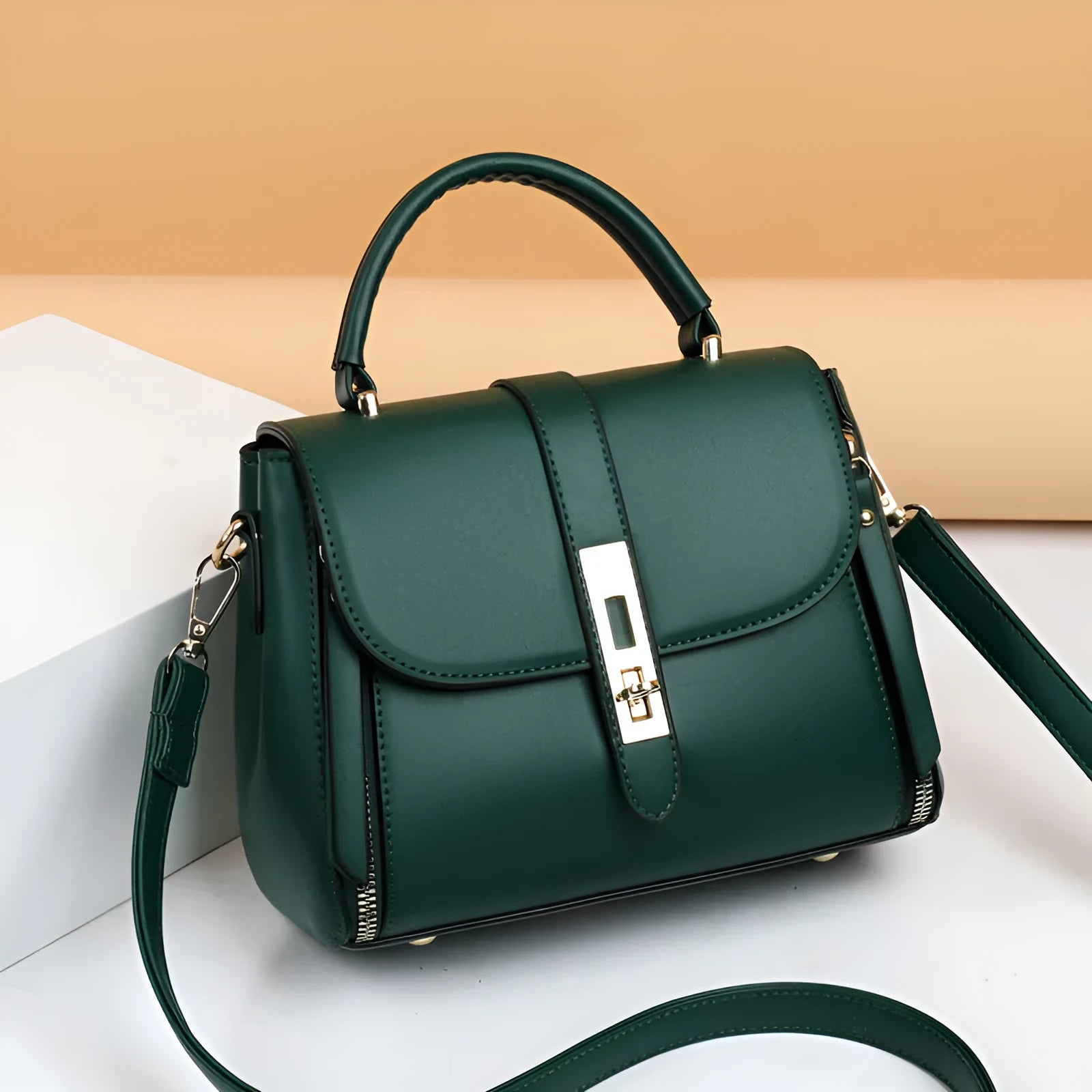 Women's soft PU leather messenger bag in square vertical design, shown in one of four colours: black, red, green, or blue.