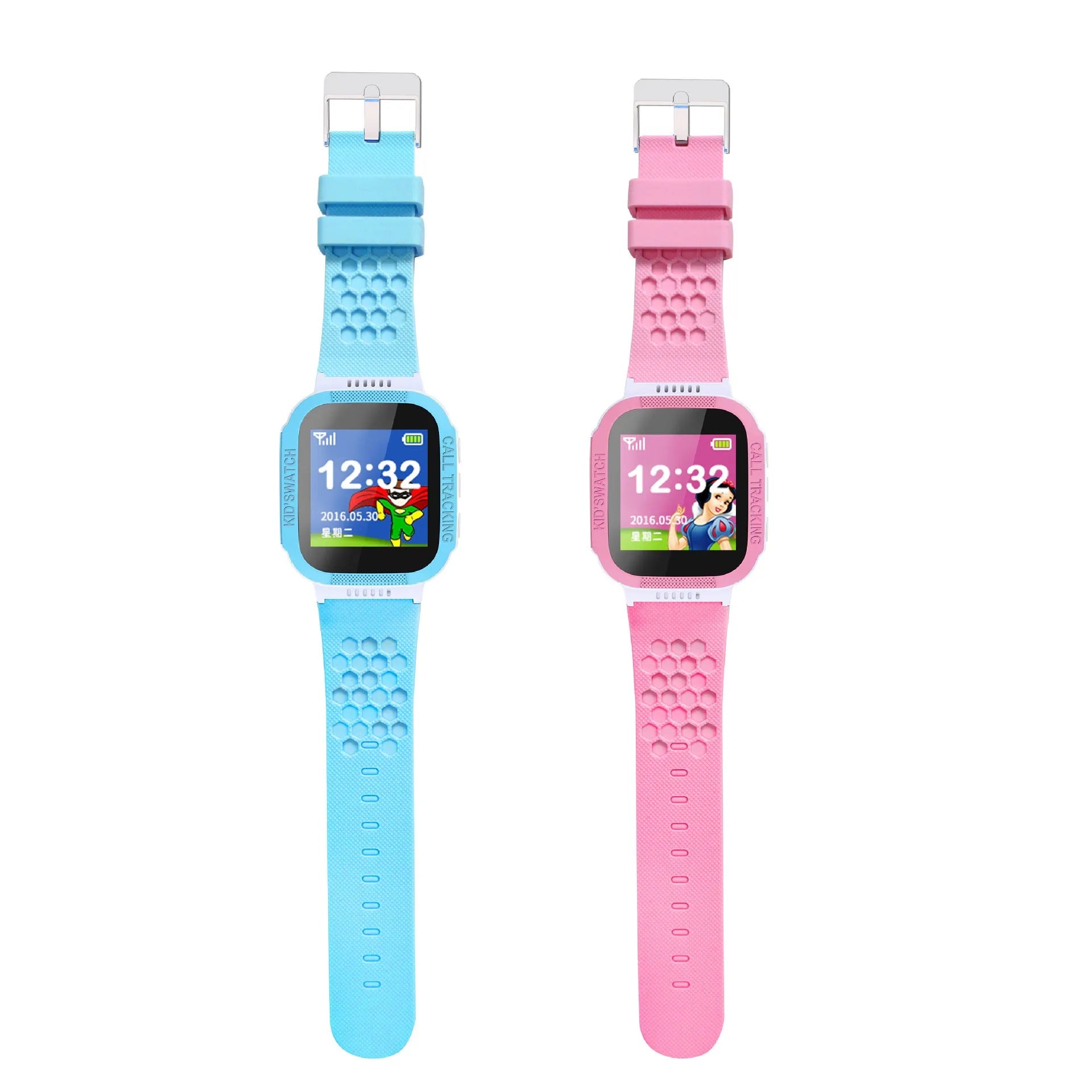 Blue and pink children's phone watch with 1.44 inch screen showing time display