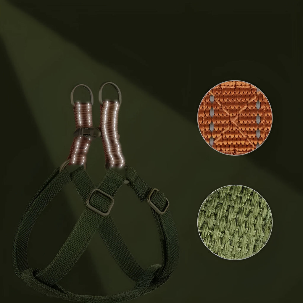 Brown vest-style dog leash with cotton and nylon construction and alloy fastener