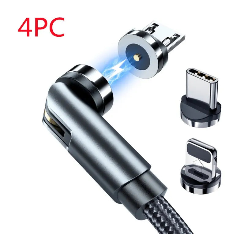 Essager black magnetic USB charging cable with rotating aluminium head and blue LED light on a white background.