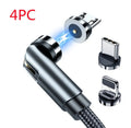 Essager black magnetic USB charging cable with rotating aluminium head and blue LED light on a white background.