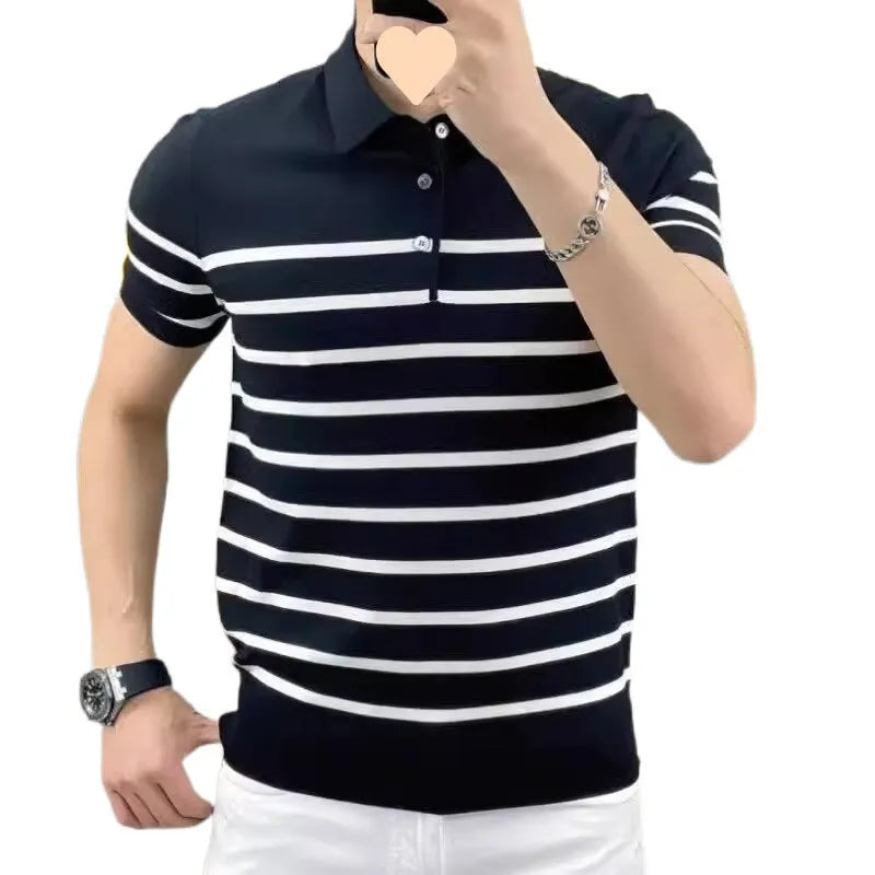 Black and white striped pullover t-shirt on a hanger