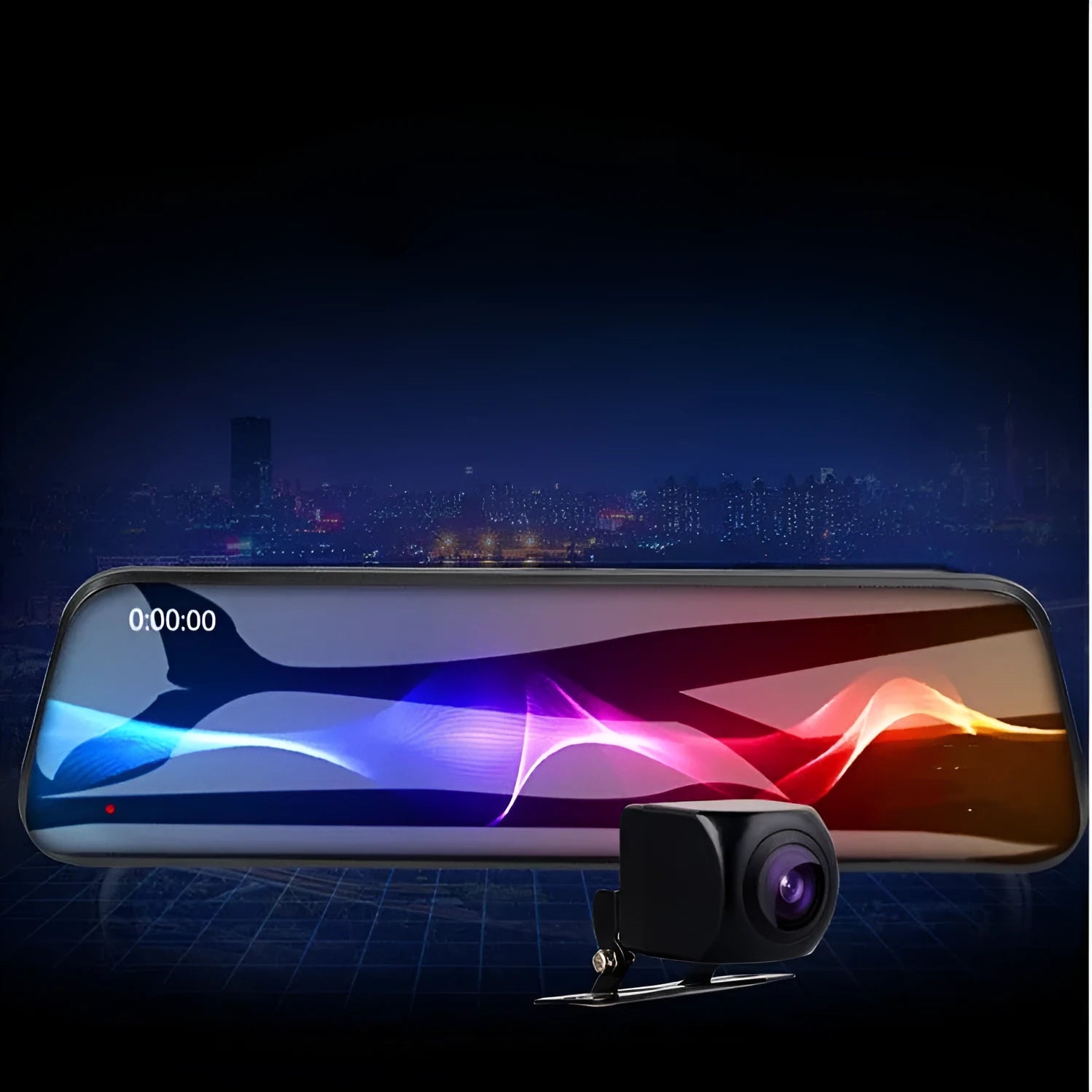 10-inch full screen dash cam with front and rear dual lens recording in 1080p, touch operation, and parking surveillance features.