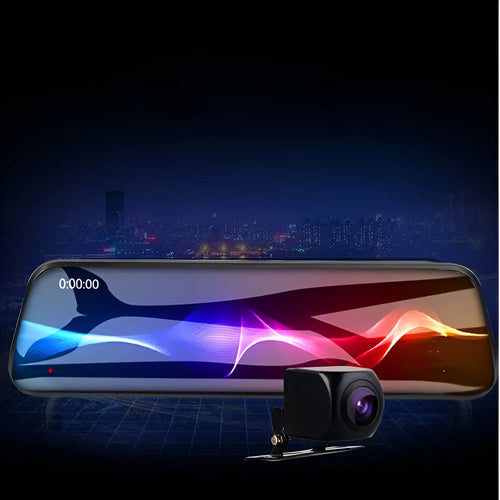 10-inch full screen dash cam with front and rear dual lens recording in 1080p, touch operation, and parking surveillance features.