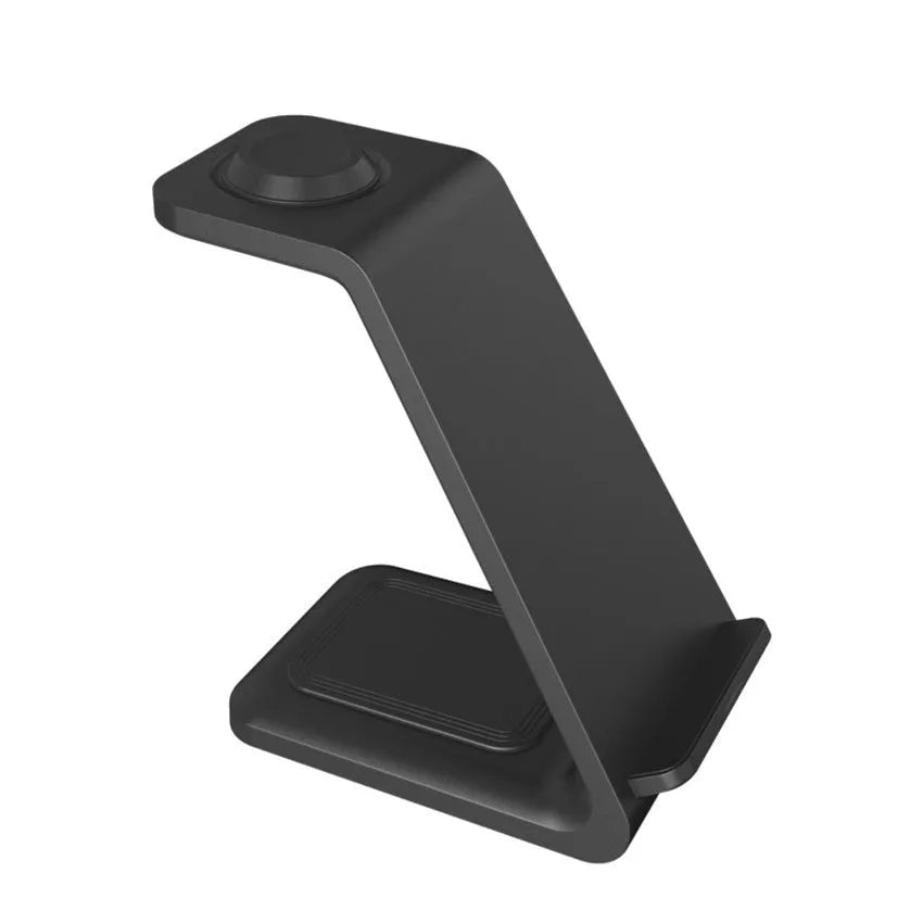 White 3-in-1 upright wireless phone charger holder with Type-C cable on desk