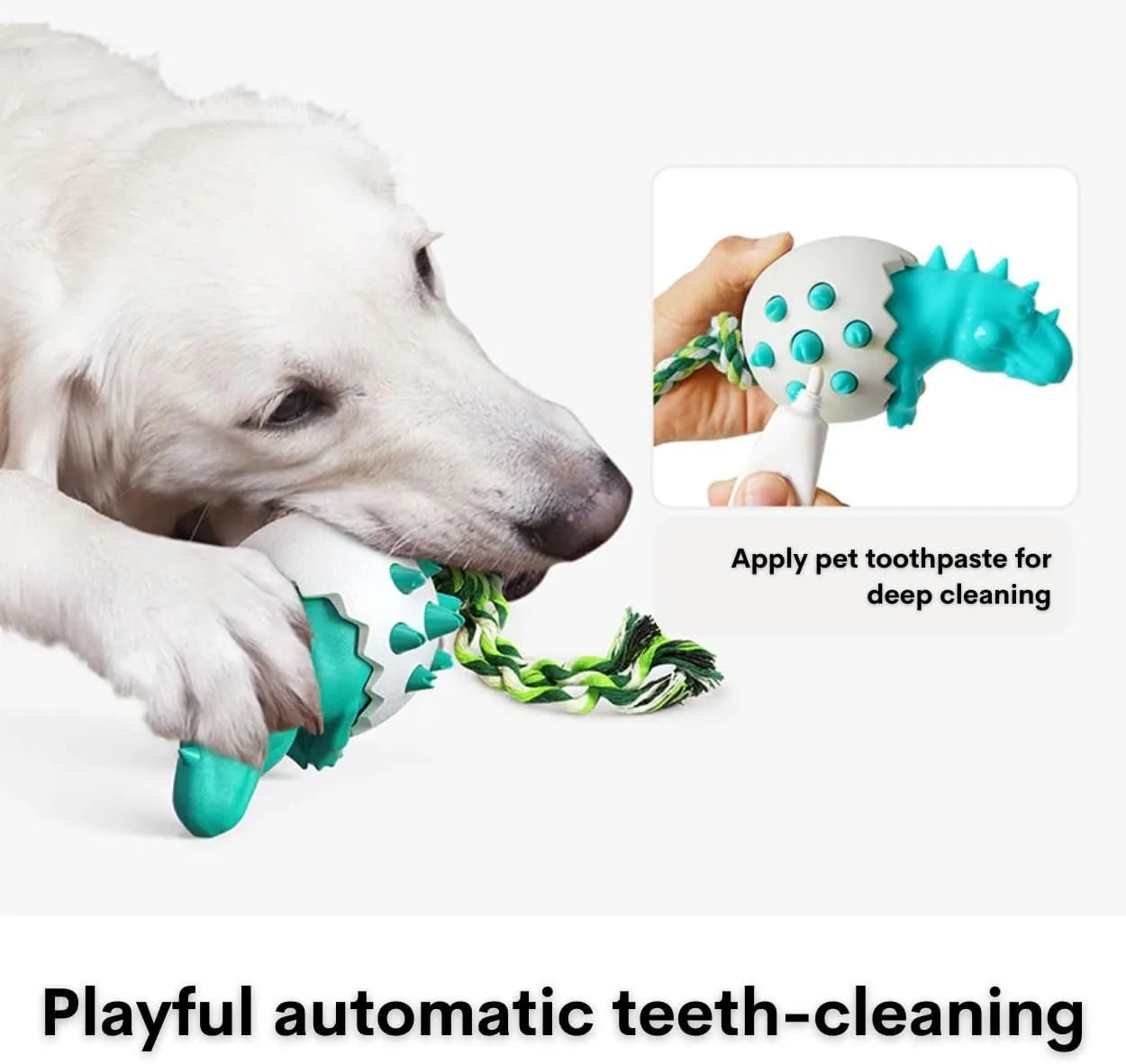 Blue dinosaur-shaped dog chew toy with rubber and nylon body, textured surface, and an integrated rope tail.