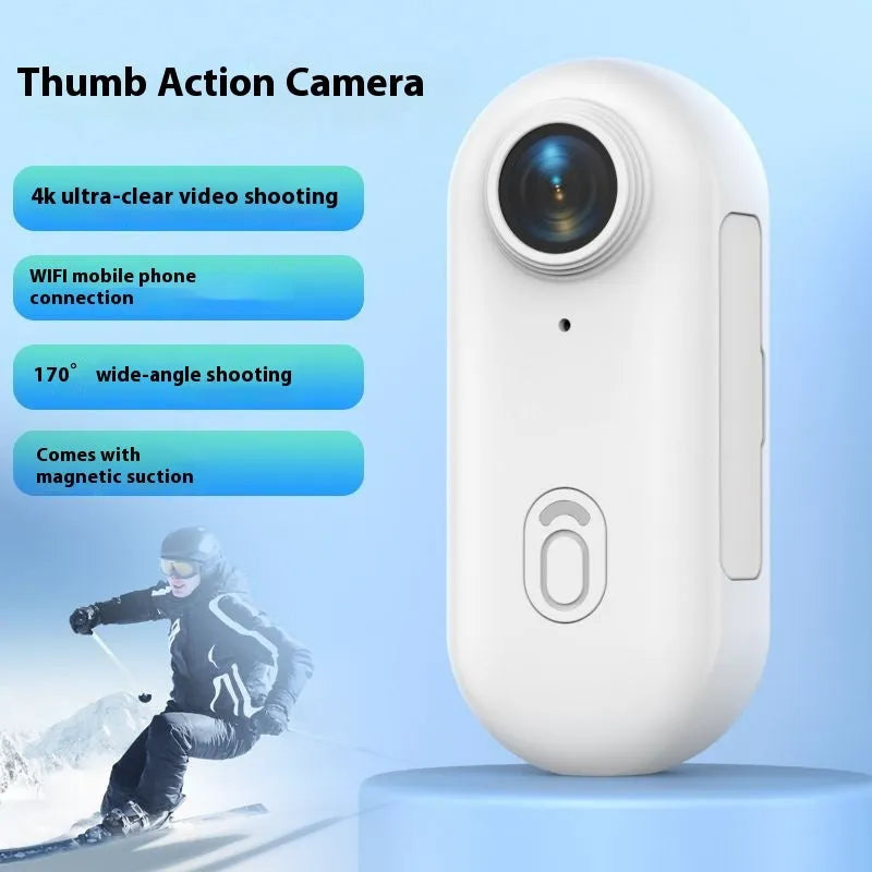 Mini 4K action camera with magnetic mount and waterproof housing in black on a white background