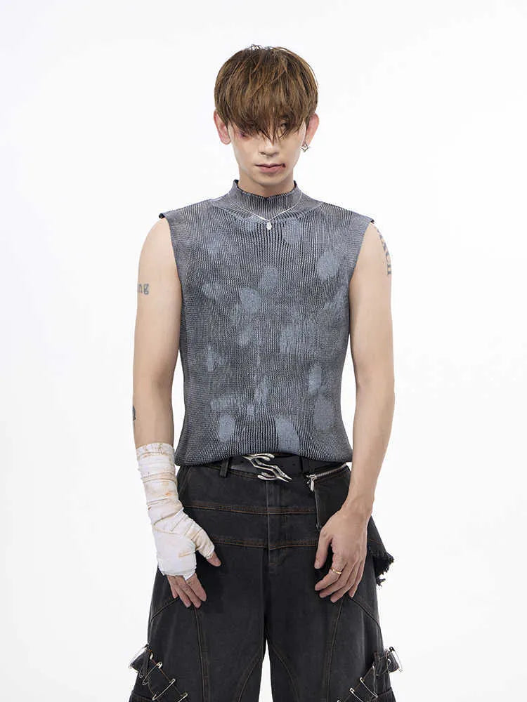 Men's silver pastebrushing wool vest sleeveless with stand collar pullover in black