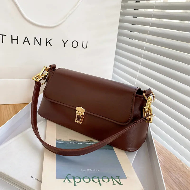French casual western style PU underarm bag with shoulder chain, horizontal square shape, sandwich pocket, street-trend sewing thread detail
