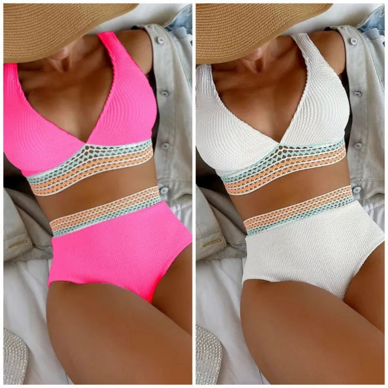 High waist split bikini in solid colour, nylon fabric, white and pink options, sizes S to XL