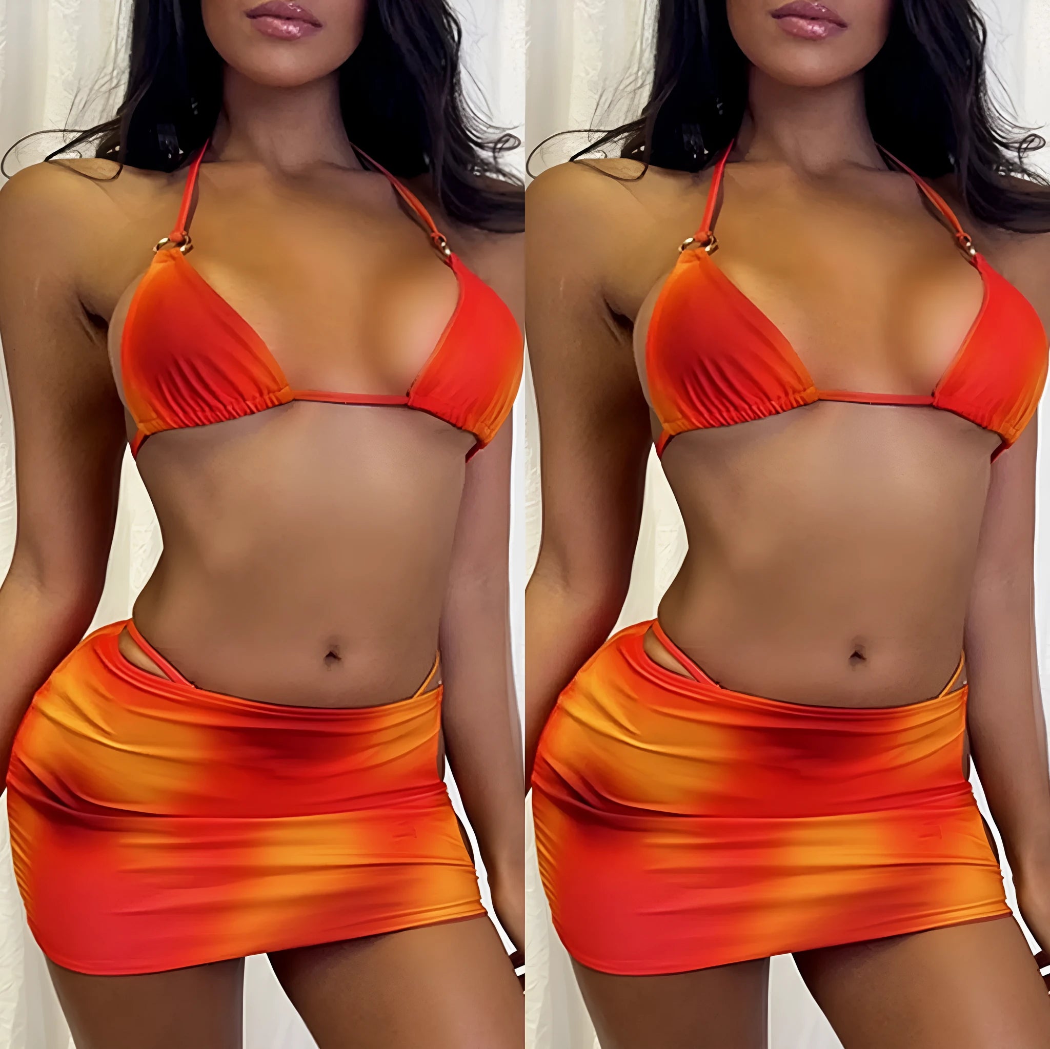 Tie-dye gradient three-piece halter bikini swimsuit set with top, pants, and skirt