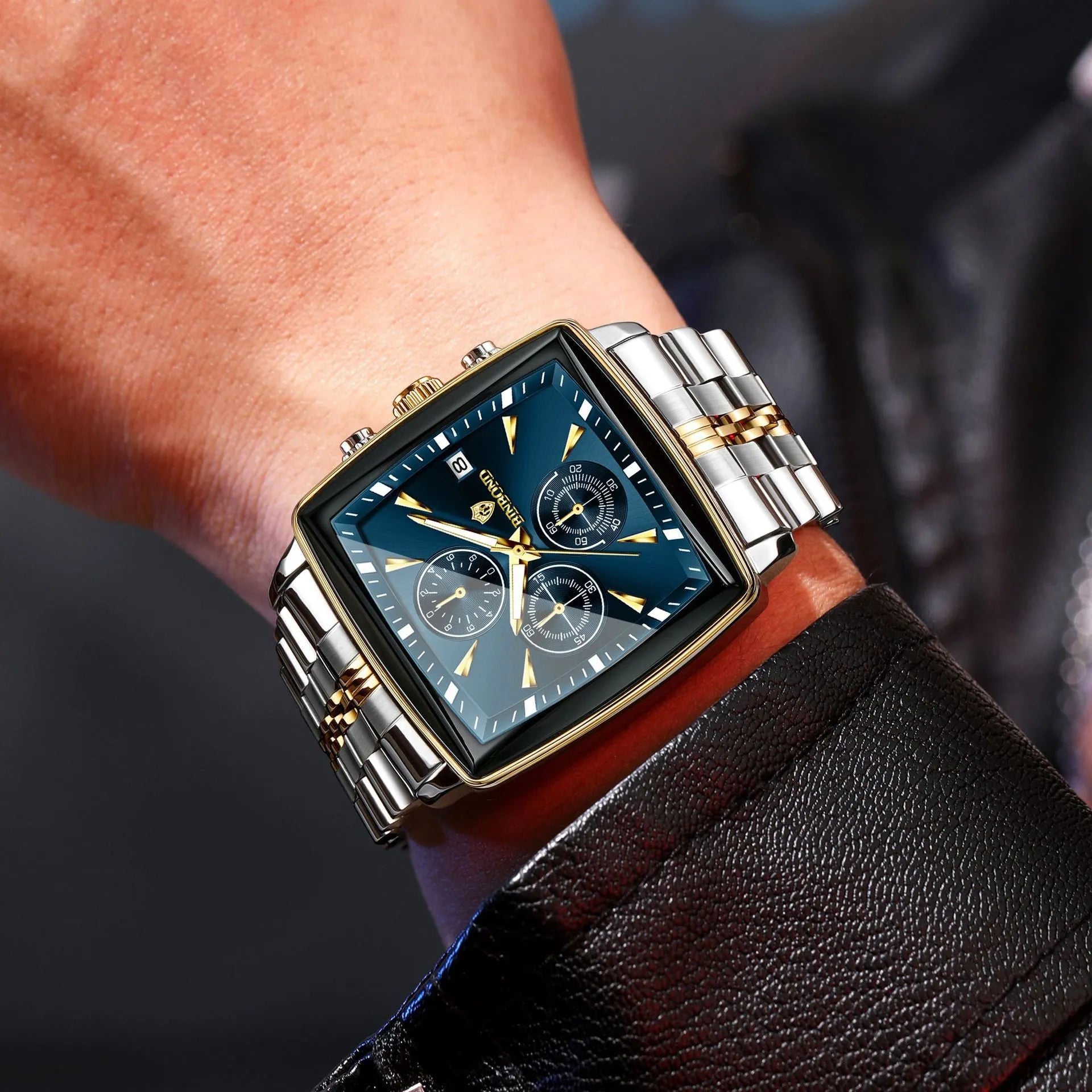 Men's stainless steel waterproof quartz watch with rectangular luminous dial and silver strap on white background