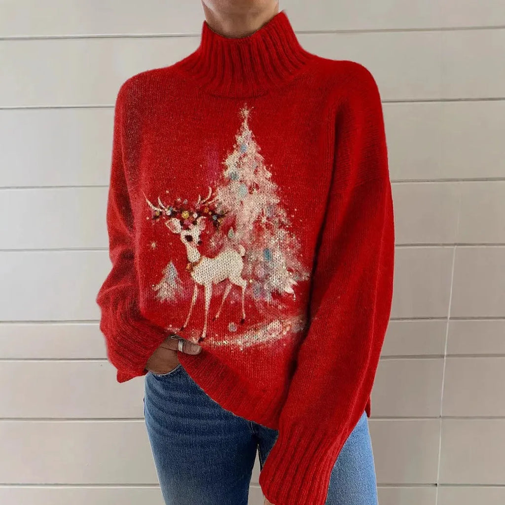 Women's loose fit Christmas printed turtleneck sweater in a macaron colour, showcasing the painting pattern and long sleeves.