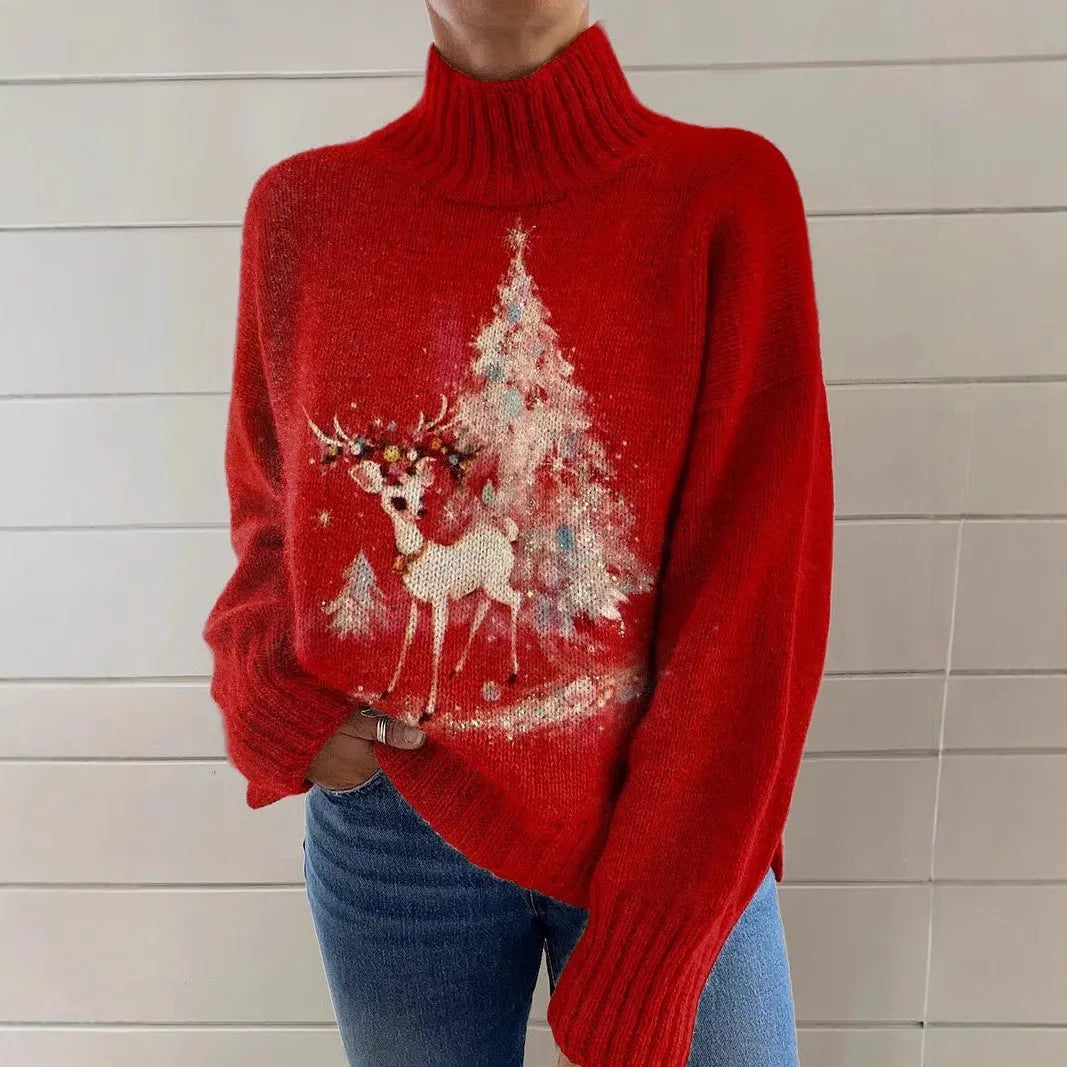 Women's loose fit Christmas printed turtleneck sweater in a macaron colour, showcasing the painting pattern and long sleeves.