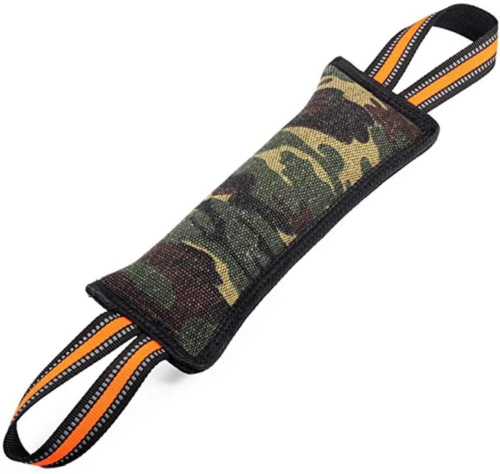 Reflective dog training jute bite stick with yellow edge, 55cm length, on plain background
