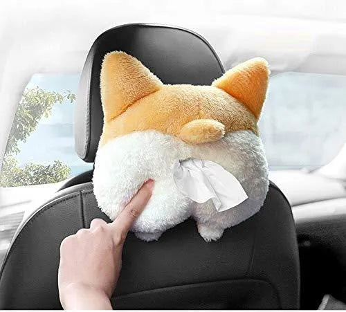 Yellow corgi butt-shaped soft tissue box cover with elastic strap for car sun visor.