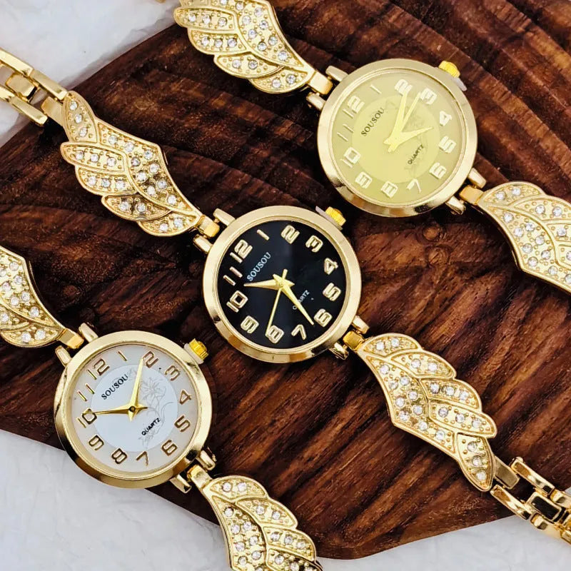 Women's stainless steel watch with round dial showing gold face colour option and Vachette clasp buckle