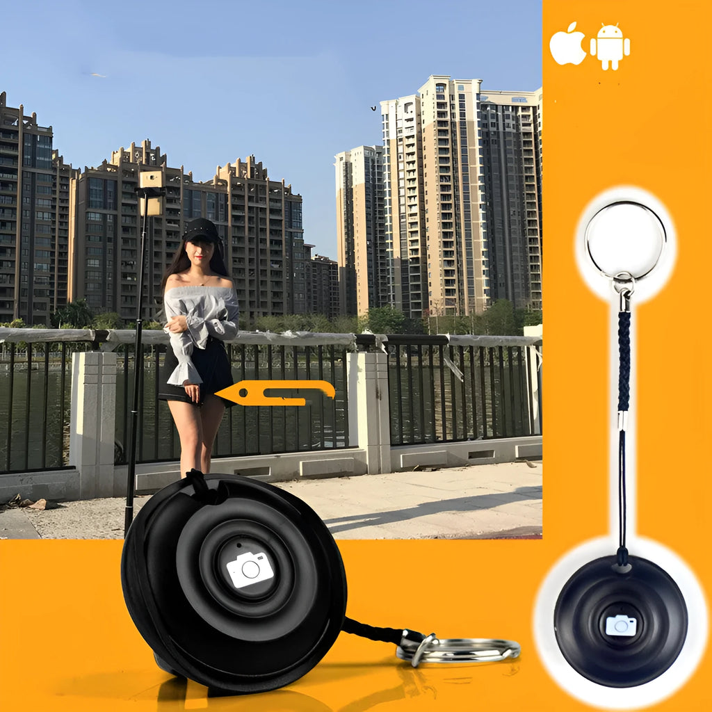 Black Bluetooth remote control for selfies and photography showing compact design