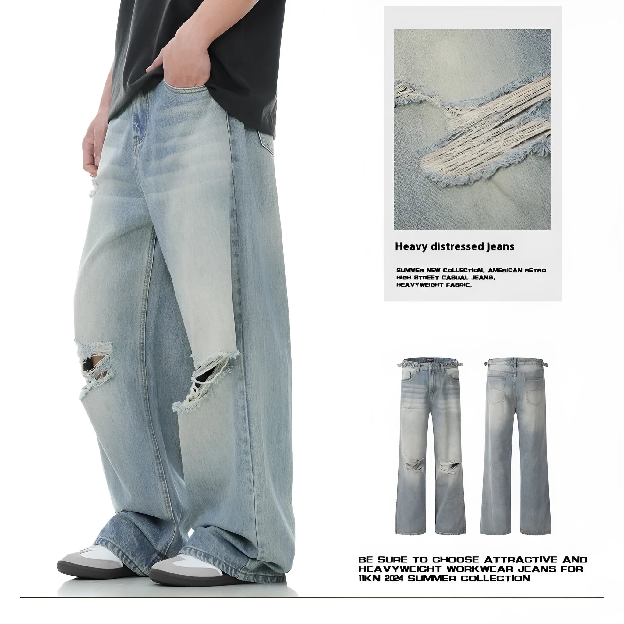 Men's blue straight-leg retro jeans with zipper fly in cotton blend fabric