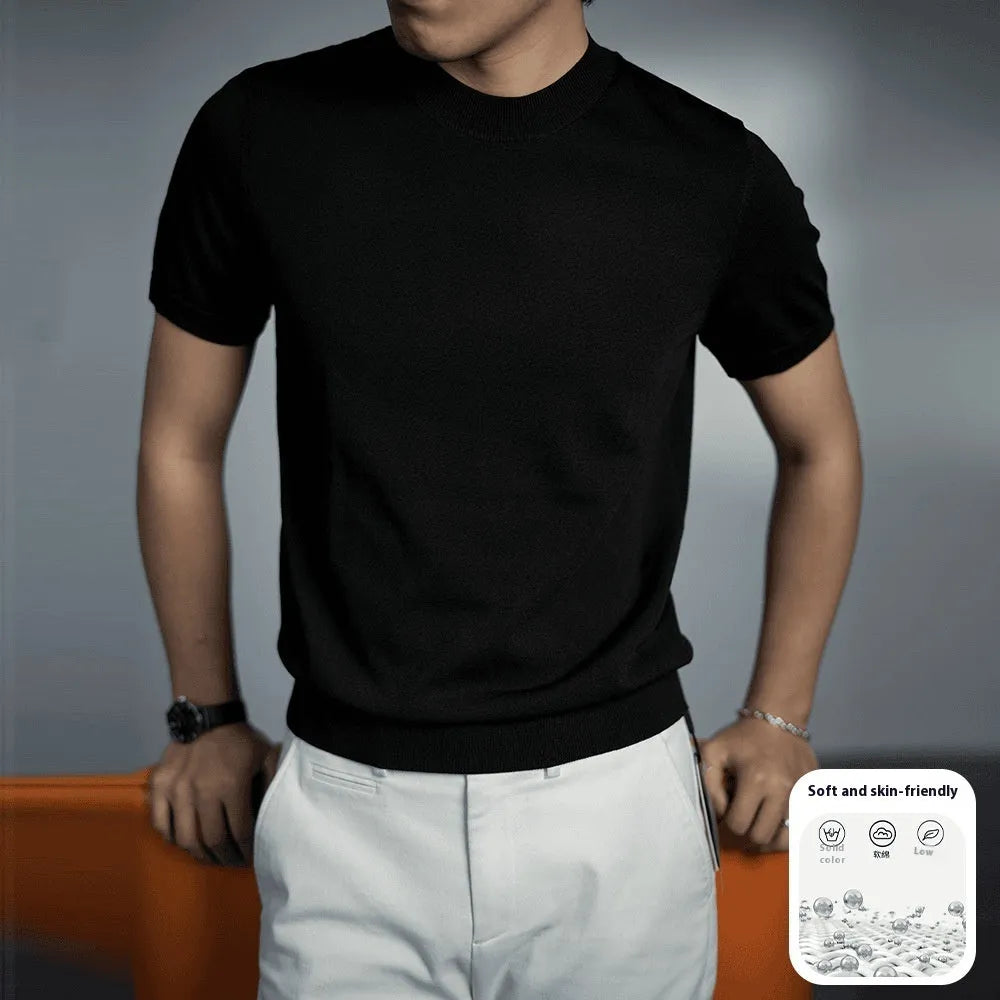 Men's knitted T-shirt in chemical fibre blend fabric with round neck and short sleeves in business gentleman style