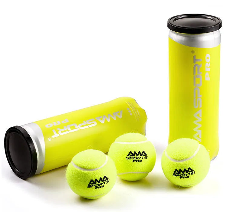 Set of three high elasticity cage plate tennis training balls in black, green, and yellow