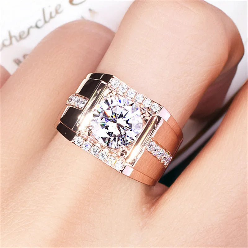 Men's geometric zircon ring with adjustable opening in rose gold, gold, or platinum colour finish