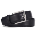 Men's black genuine leather belt with a silver alloy pin buckle on a plain background.