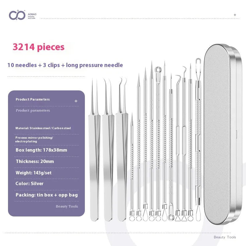 Four silver metal acne needles with ultra-fine points for blackhead removal.