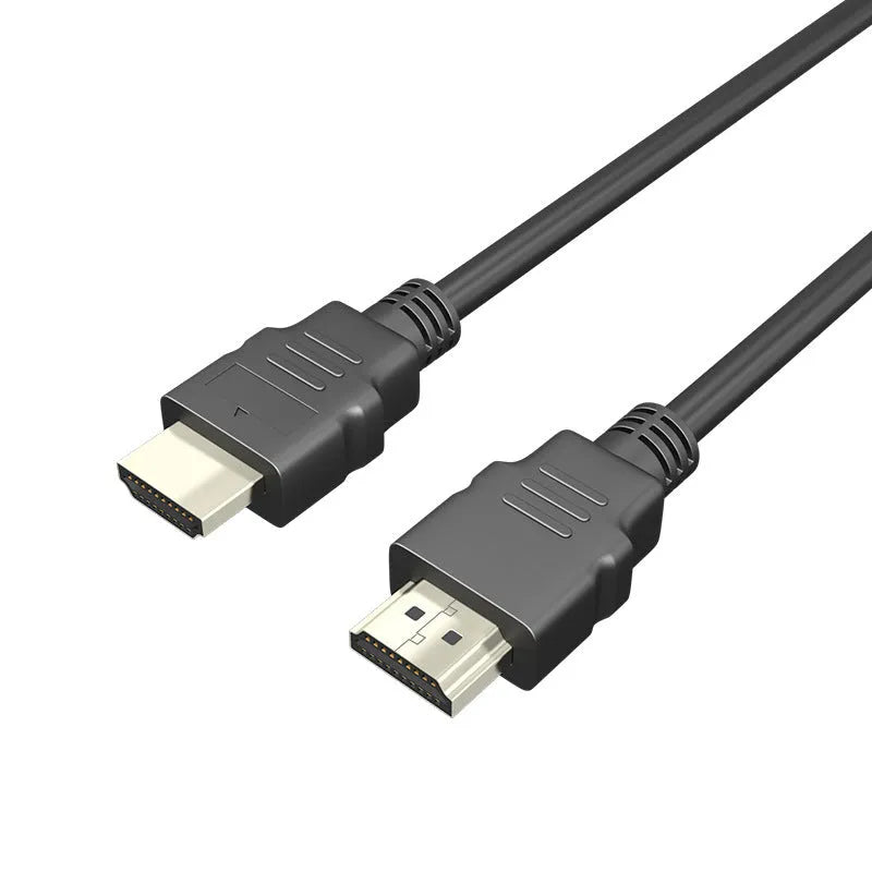 Black HDMI cable with nickel-plated connectors on a white background
