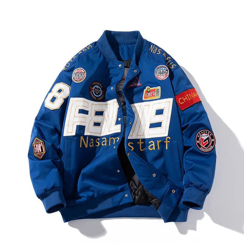 Black American motorcycle-style loose-fit baseball jacket with side seam pocket, shown as part of a couples uniform.