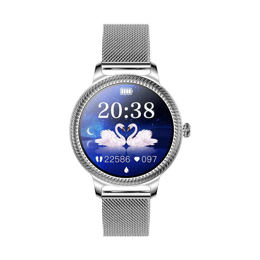 AK38 Ladies Smart Watch with metallic stainless steel band on a wrist, showing its 1.09-inch colour screen.